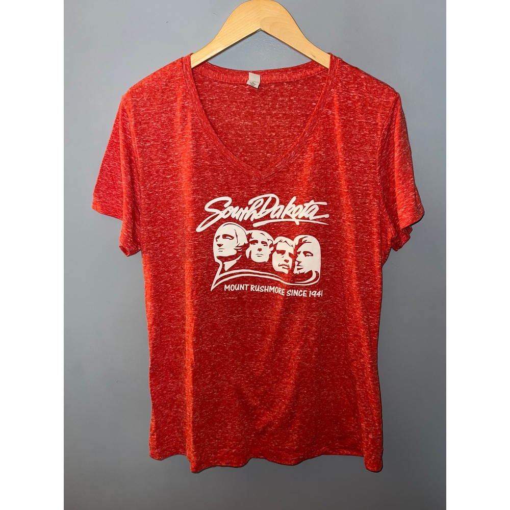 Jerzees South Dakota Mount Rushmore Red Heather V-Neck Graphic T-Shirt Women XL
